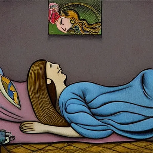 Image similar to A young woman is depicted lying on a bed, with a pillow under her head. She is wearing a nightgown, and her hair is flowing around her head. She has a look of peaceful contentment on her face. chalk art, fisheye lens by Man Ray, by Phil Foglio, by Lucy Madox Brown fantastic