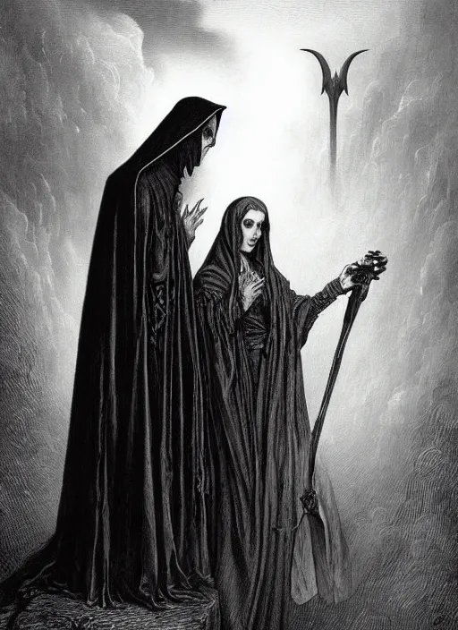 Prompt: the grim reaper meetup with dracula. gustave dore and anne stokes,