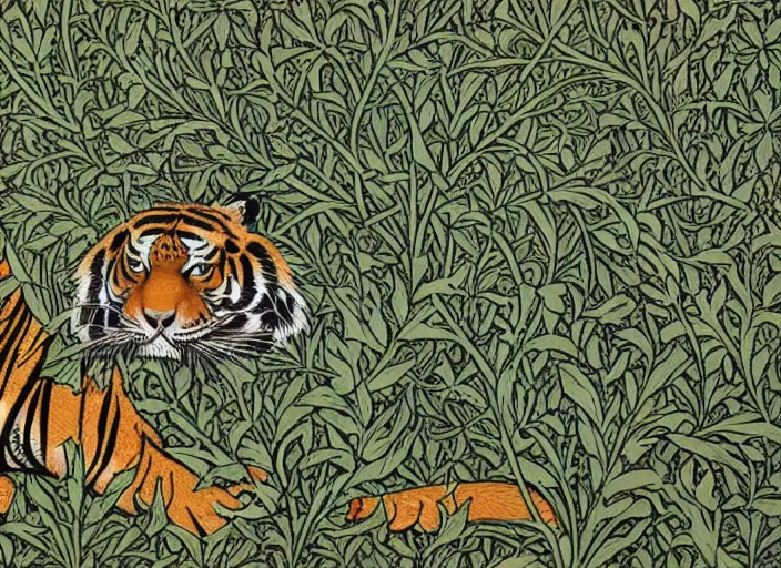 Image similar to a tiger in the centella asiatica in android jones and william morris style