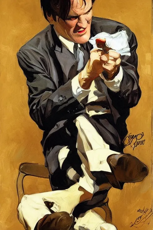 Prompt: quentin tarantino holding feet!!!, licking, painting by jc leyendecker!! phil hale!, angular, brush strokes, painterly, vintage, crisp