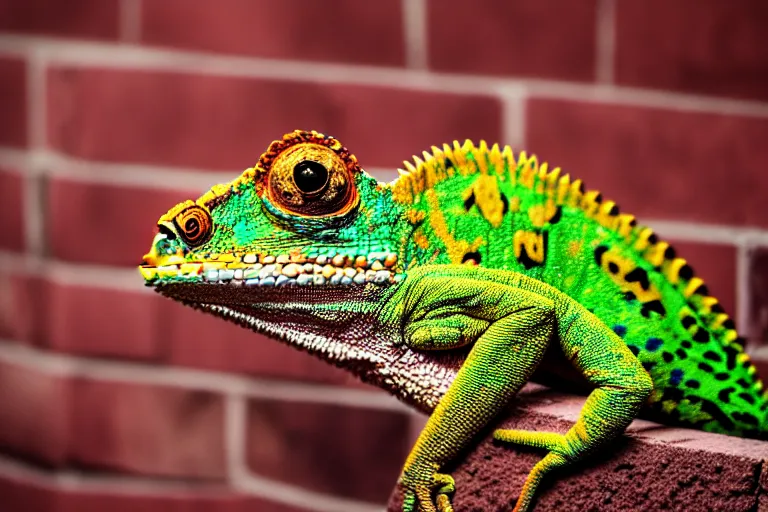 Image similar to a chameleon with leopard fur sitting on a brick wall, highly detailed, 8K, supersharp photo, depth of focus, full body, unusual photo angle