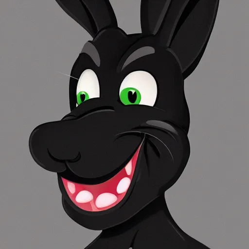 Image similar to A extremely highly detailed majestic hi-res beautiful, highly detailed head and shoulders portrait of a scary terrifying, horrifying, creepy black cartoon rabbit with scary big eyes, earing a shirt laughing, hey buddy, let's be friends, in the style of Walt Disney animation