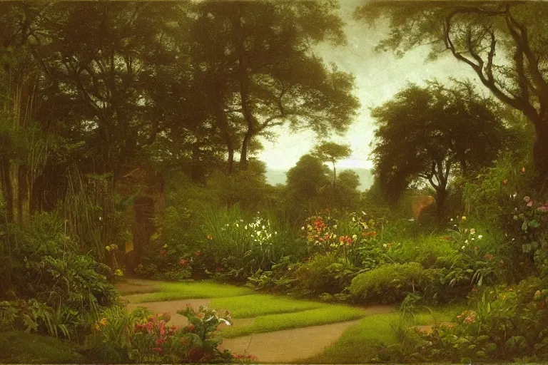 Prompt: secret garden, lush, floral, botanical, romanticism, ( ( ( ( ( dark ) ) ) ) ) moody, hudson river school