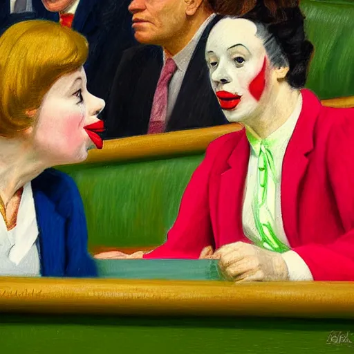 Image similar to a highly detailed beautiful portrait close up art painting of british members of parliament in the house of commons wearing pastel coloured clown costumes with pleasant oversized joyful faces, they are smoking. in the style of edward hopper, richard hamilton. concept art. green leather benches. photographic. concept. crisp digital art. no artefacts. desaturated. high fidelity facial portrait. 8 k