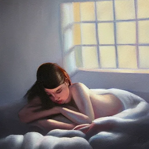 Prompt: nighttime!!! oil painting of a restless beautiful young woman sweating!!! in her bed, a dark!!! room lit only by moonlight through a dark window, white sheets and white nightgown, backlit glow, beautiful, insomnia, art by sam yang