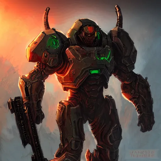 Image similar to Doom slayer in valorant concept art, digital art, valorant, doom, valorant style