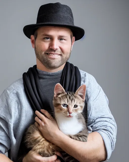 Prompt: gentlemen wearing a hat and wearing a baby sling on the back with a kitten in the sling, studio portrait, golden ratio, backlit, happy, detailed eyes