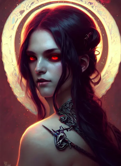 Image similar to Necromancer Sorceress, fantasy magic, undercut hairstyle, dark light night, intricate, elegant, sharp focus, illustration, highly detailed, digital painting, concept art, matte, art by WLOP and Artgerm and Greg Rutkowski and Alphonse Mucha, masterpiece