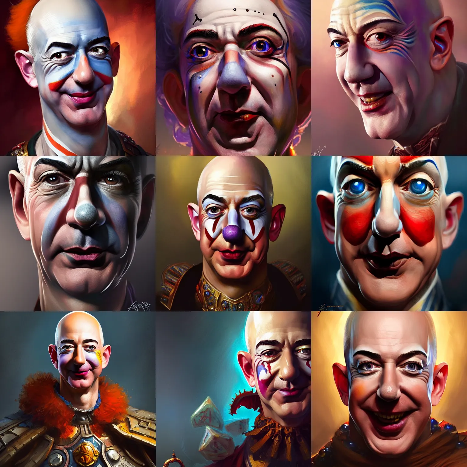 Prompt: Jeff Bezos in clown makeup, closeup, D&D, fantasy, intricate, elegant, highly detailed, digital painting, artstation, concept art, matte, sharp focus, illustration, hearthstone, art by Artgerm and Greg Rutkowski and Alphonse Mucha