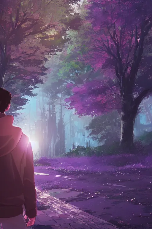 Image similar to young man in a purple hoodie, back view, messy short brown hair, detailed neighbourhood background, trees, colourful, 8 k, anime, ghibli style, graphic novel, digital art trending on artstation, volumetric lighting, octane render, cinematic, hyper detailed