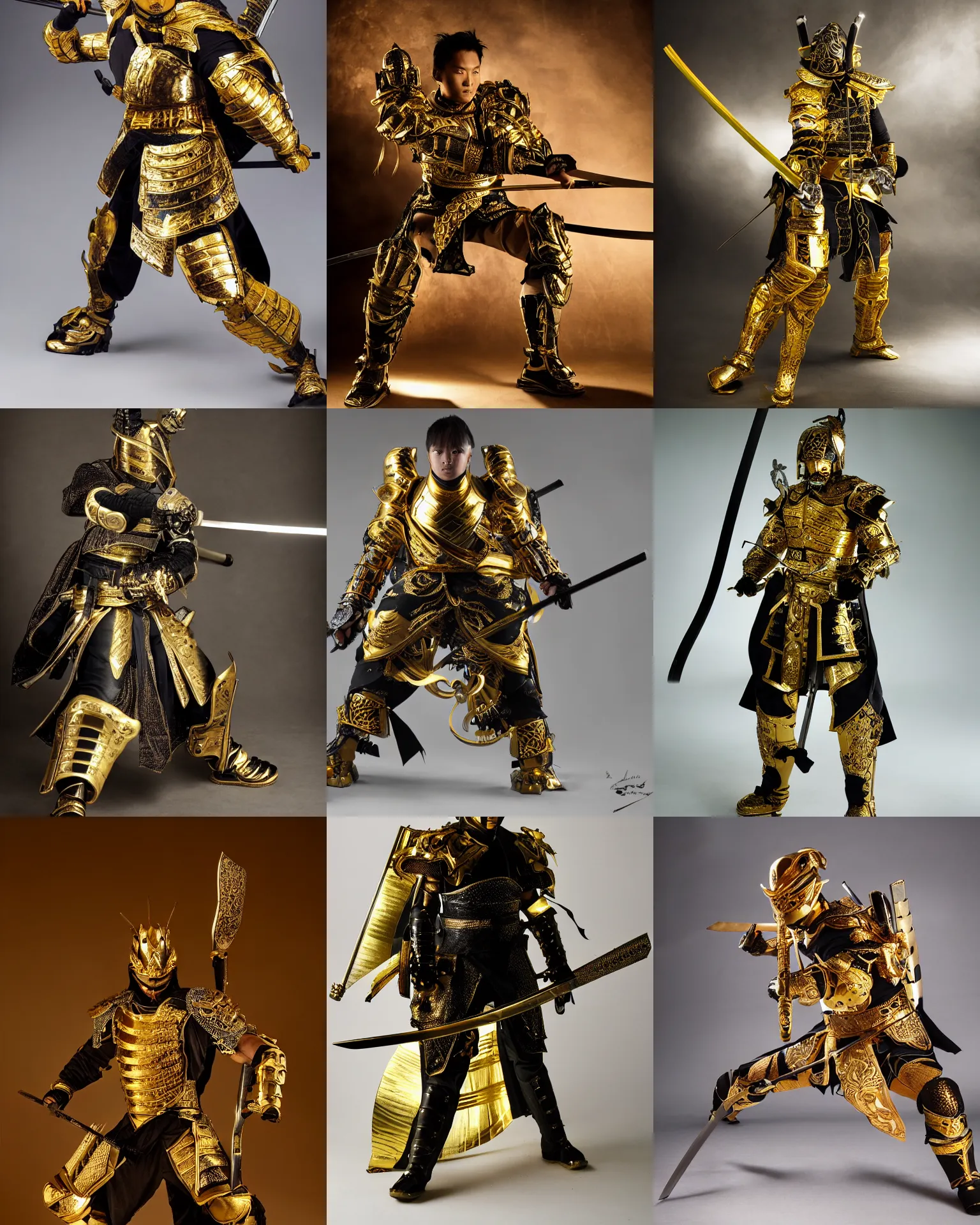 Prompt: a studio photography of samourai wearing gold and black armor, fighting position with lighting katana , ultra detailed intricate ornate, dramatic backlighting