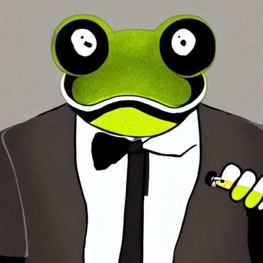 Image similar to a frog 🐸 wearing a suit smoking a cigar