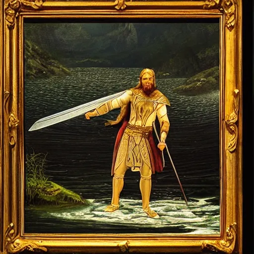 Prompt: “realistic rendition of king Arthur taking the sword from the lake, high definition, realistic water reflections, high quality”