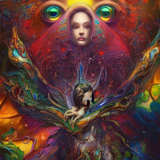 Prompt: detailed oil painting of another reality, surreal, by lisa frank, ayami kojima, amano, karol bak, greg hildebrandt, beeple, morpheus, funky, blade runner, rich deep colors. beksinski painting, part by dan mumford and gerhard richter. masterpiece