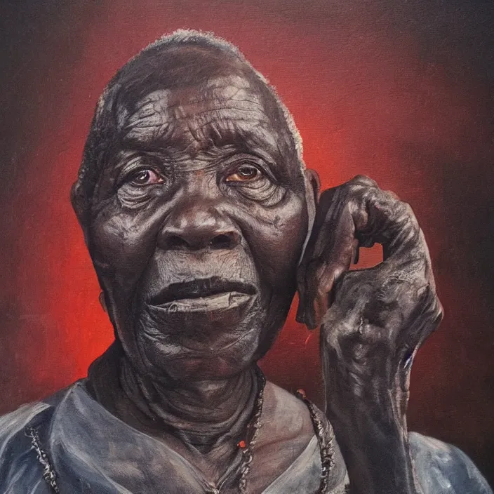 Image similar to a painting of a wise elder from Kenya by Lynette Yiadom-Boakye . dramatic angle, ethereal lights, details, smooth, sharp focus, illustration, realistic, cinematic, artstation, award winning, rgb , unreal engine, octane render, cinematic light, macro, depth of field, blur, red light and clouds from the back, highly detailed epic cinematic concept art CG render made in Maya, Blender and Photoshop, octane render, excellent composition, dynamic dramatic cinematic lighting, aesthetic, very inspirational, arthouse.