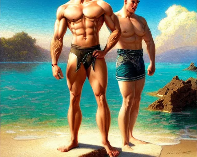 Image similar to handsome tattooed blonde gym bro by the water, synthwave painting by artgerm, gaston bussiere, craig mullins, j. c. leyendecker, tom of finland