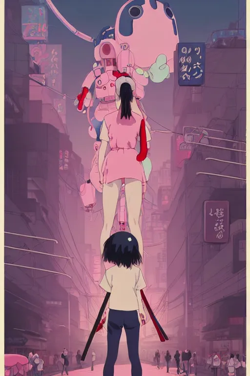 Image similar to Artwork by James Jean, Phil noto and hiyao Miyazaki; a young Japanese future samurai police girl named Yoshimi battles an enormous looming evil natured carnivorous pink robot on the streets of Tokyo; Japanese shops and neon signage; crowds of people running; Art work by studio ghibli, Phil noto and James Jean