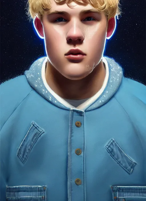 Image similar to portrait of high school senior boy named big moose, blonde short hair, jock, beefy, wide face, square jaw, square facial structure, blue varsity jacket with letter r, intricate, elegant, glowing lights, highly detailed, digital painting, artstation, concept art, sharp focus, illustration, art by wlop, mars ravelo and greg rutkowski