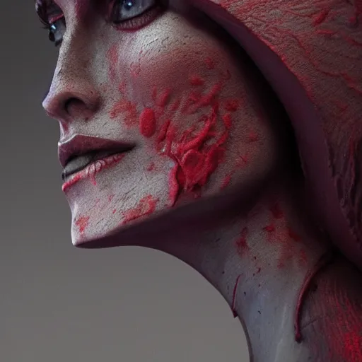 Prompt: sculpture of a woman, gloomy, blood, fire, intricate, elegant, highly detailed, sculpture, artstation, concept art, matte, sharp focus, illustration, octane render, unreal engine, art by michelangelo