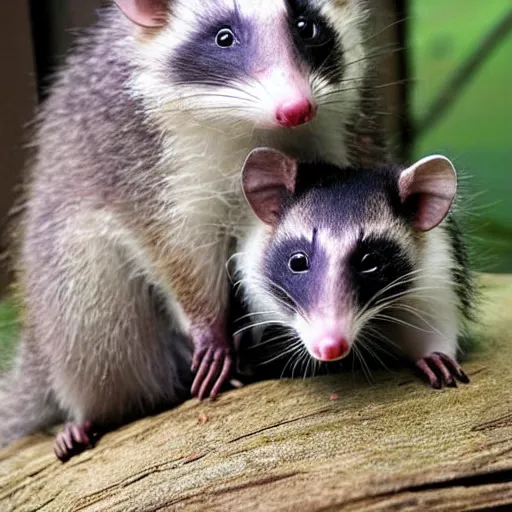 Image similar to An opossum and an american Raccoon hugging, cute photograph