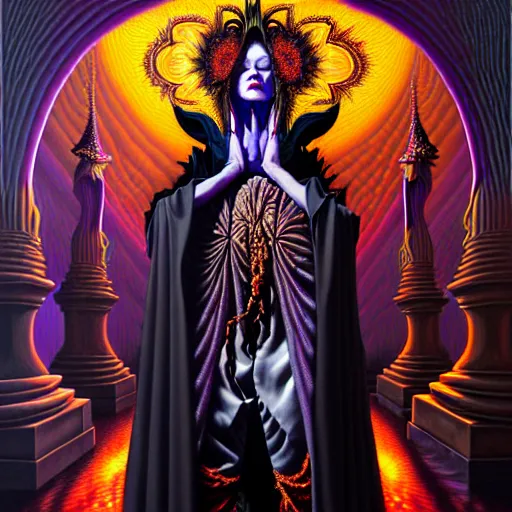 Prompt: beautiful oil painting, full length vampire in baroque coronation robes 1 7 0 1, dan mumford, dan mumford, alex grey, hyacinthe rigaurd, highly detailed, lsd visuals, dmt fractal patterns, visionary art, psychedelic art, ornate, vaporwave, baroque, greg rutkowski