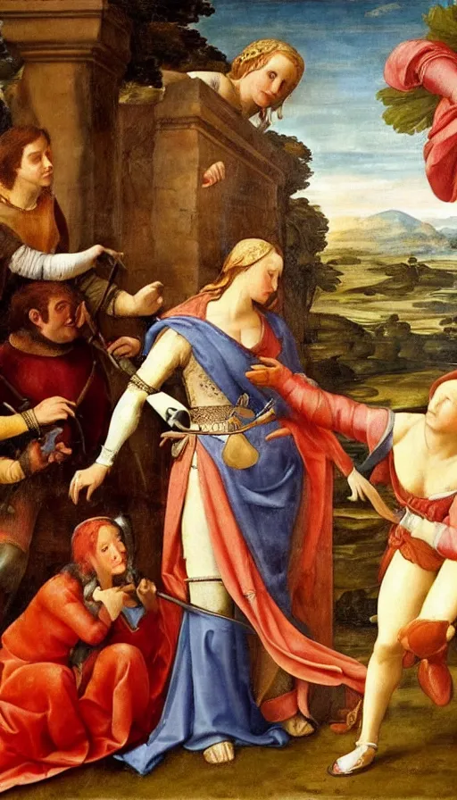 Prompt: renaissance painting!! depicting a woman knight!!! in high quality!! courting a damsel!!!