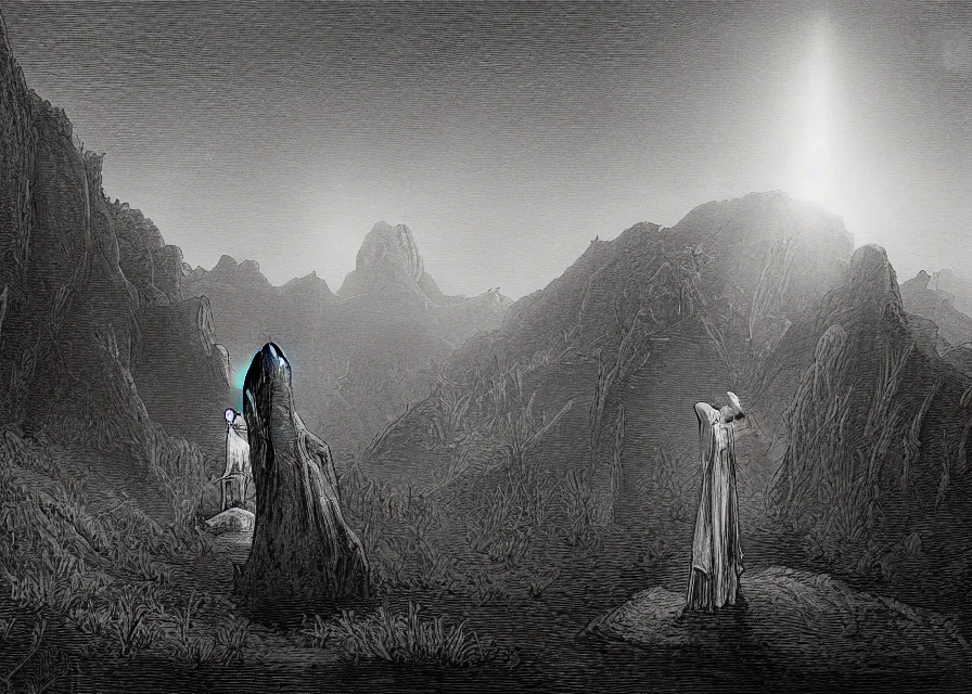 Image similar to light beam being appears suddenly in front of a hooded figure in a black robe standing in a flower meadow, flower meadow landsape in dark pits of a canyon, illustration by Gustave Dore, 18th century drawing , black and white, highly detailed, 4k, concept art, artstation