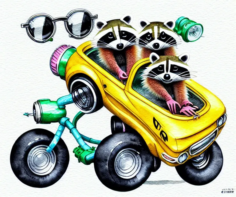 Image similar to cute and funny, racoon wearing a helmet riding in a tiny hot rod with oversized engine, ratfink style by ed roth, centered award winning watercolor pen illustration, isometric illustration by chihiro iwasaki, edited by range murata, tiny details by artgerm and watercolor girl, symmetrically isometrically centered