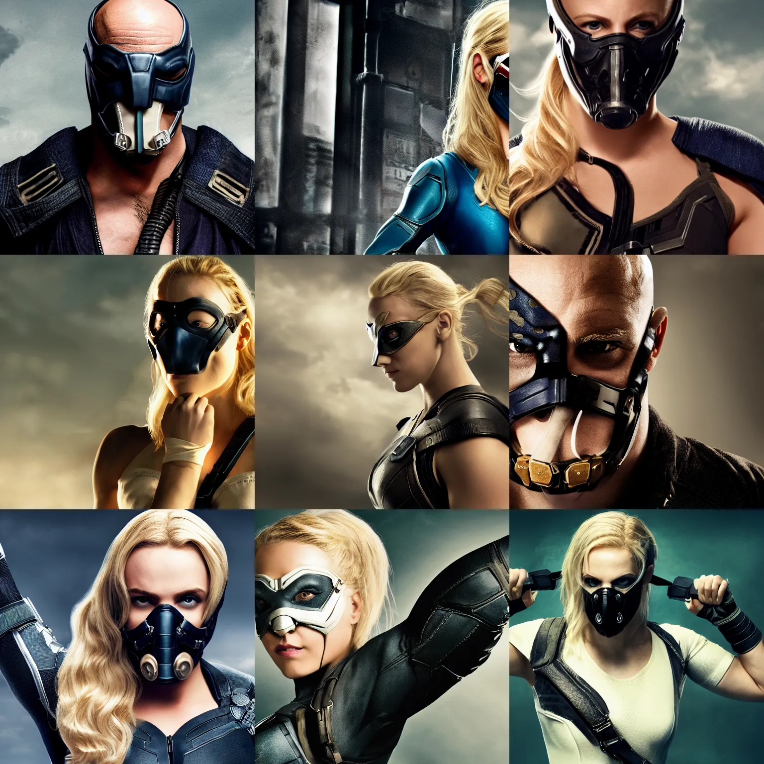 Prompt: blonde girl superhero wearing bane's mask by marvel studios, 4k wallpaper from movie by nolan