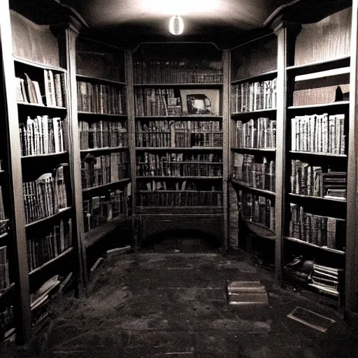 Image similar to a gloomy shadowy midnight crypt room full of darkness with bookshelves. contrast:0, brightness:0. tags: chiaroscuro, darkframe, gothic. Low contrast, dim. This is a dim image.