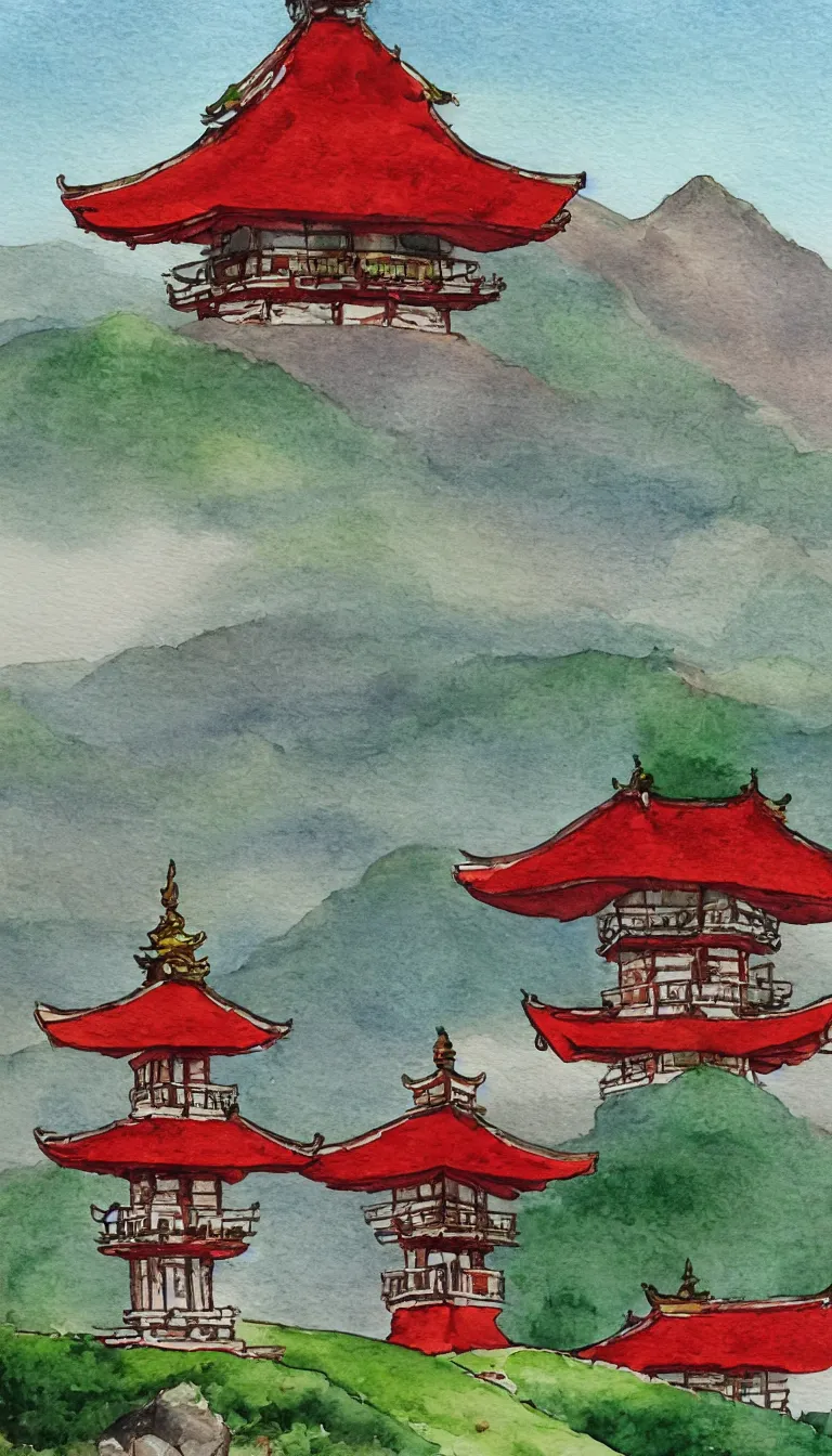 Prompt: watercolour painting of a pagoda, green and red accents, tea drinking, mountains in background