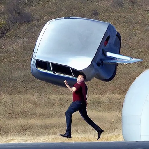 Image similar to paparazzi shot of elon musk being outside of an airplane in mid-air, horror face, highly detailed skin, highly detailed face