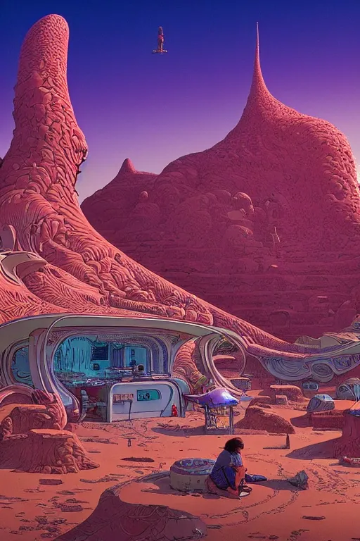 Image similar to photograph of vast and detailed cinematic set design, real dslr, in a world inspired by jean giraud moebius and geoff darrow