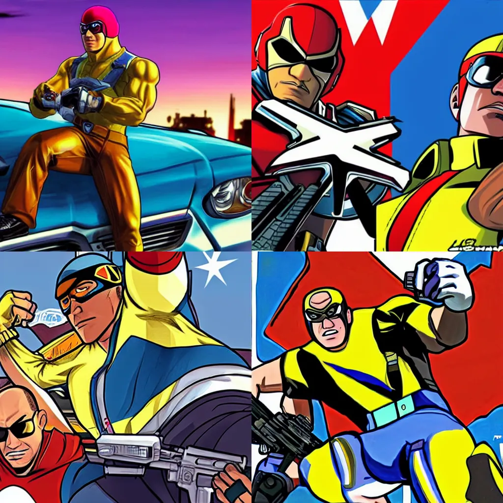 Prompt: Captain Falcon featured on grand theft auto cover art