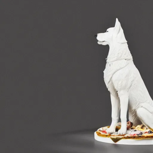 Image similar to detailed photo of a white shepherd statue made of pizza, various posed, full body, studio light, 8 k, photorealism, intricate detail, museum diffuse lighting