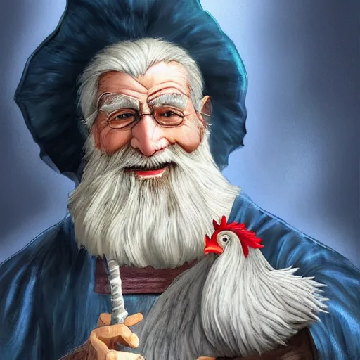 Image similar to character concept art of a kind old wizard with a long white beard looking a confused, holding a pet chicken perched top of his hat, wearing a blue robe, blue eyes, realistic, detailed, trending on ArtStation, by John Howe