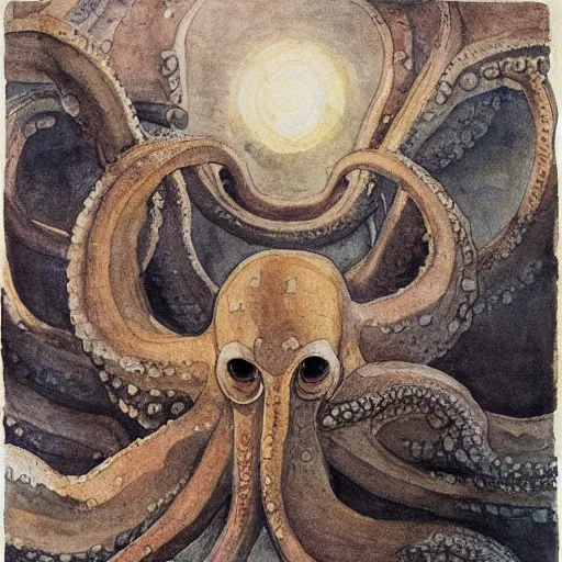 Prompt: Megaliths form the image of an octopus. View from above, 50 meters from the ground. It is evening. The mood of the picture is dark and menacing. Watercolor. By Leonardo da Vinci.