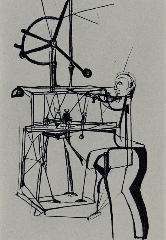 Image similar to a concept drawing of marcel duchamp holding up a chess - piece wire - machine, a surrealist painting by marcel duchamp, complex artificial - intelligence machinery, minimal sketch flow - chart, academic art, 1 9 2 0 s