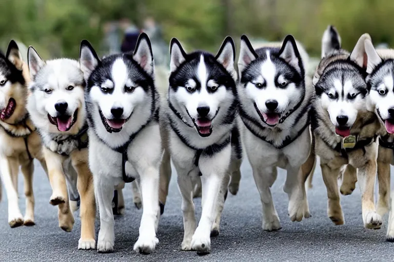 Image similar to General husky of the dog army marching his dog battalion to an epic battle