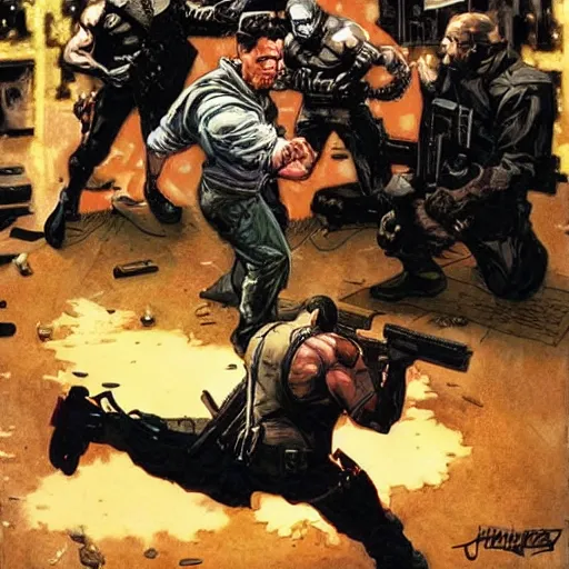 Prompt: The punisher fighting Neo. Epic painting by James Gurney and Belén Ortega.