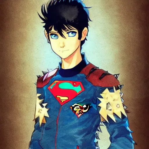 Prompt: a black haired blue eyed teen boy in a punk outfit. Leather jacket. Patches. Spiked shoulders. Superboy. 90’s superboy. Superman. By Repin. By Makoto shinkai. Artgerm.