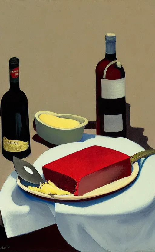 Image similar to beautiful still life featuring A knife tillamook cheese, and red wine, very coherent, painted by Edward Hopper, painted by James Gilleard, airbrush, art by JamesJean