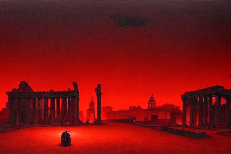 Image similar to only with red, caesar after war, a red tiger, in hoc signo vinces, rome in background, an ancient path, in the style of beksinski, part by hopper, part by rodcenko, part by hofbauer, intricate composition, red by caravaggio, insanely quality, highly detailed, masterpiece, red light, artstation