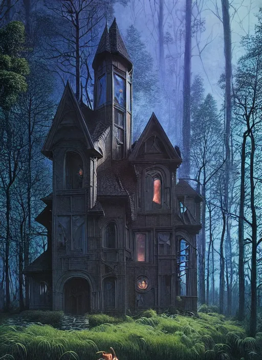 Image similar to hyper realistic witchy modern gothic house with mood lighting and tech in the woods gorgeous lighting, sunbeams blue sky, highly detailed, lush forest foliage painting by zdzisław beksinski and norman rockwell and greg rutkowski weta studio, and lucasfilm