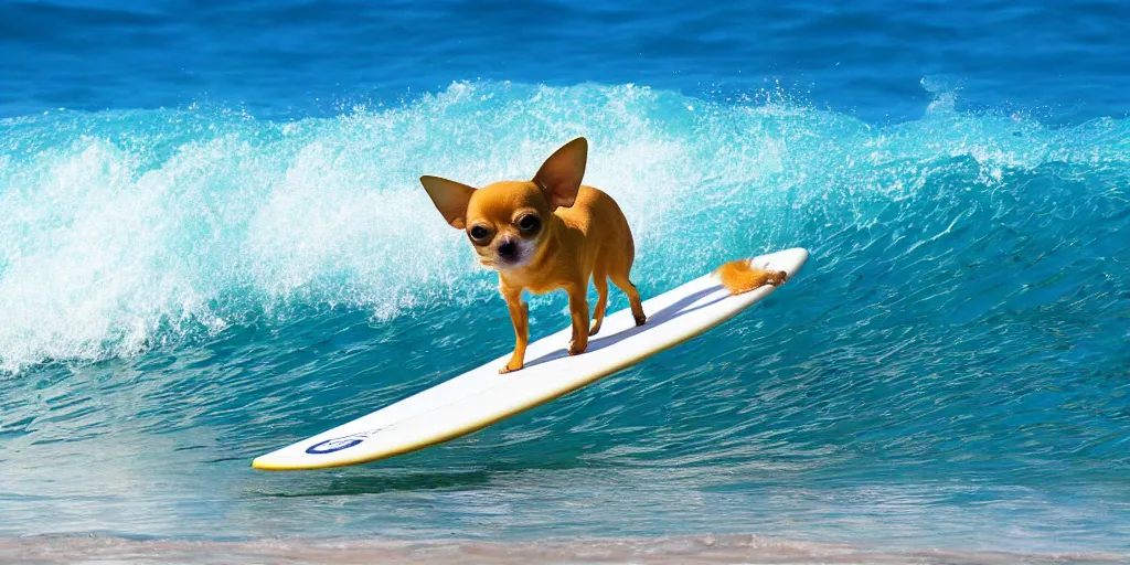 Image similar to chihuahua surfing tropical background waves focus photography 4k hyper realism surreal sunny beach