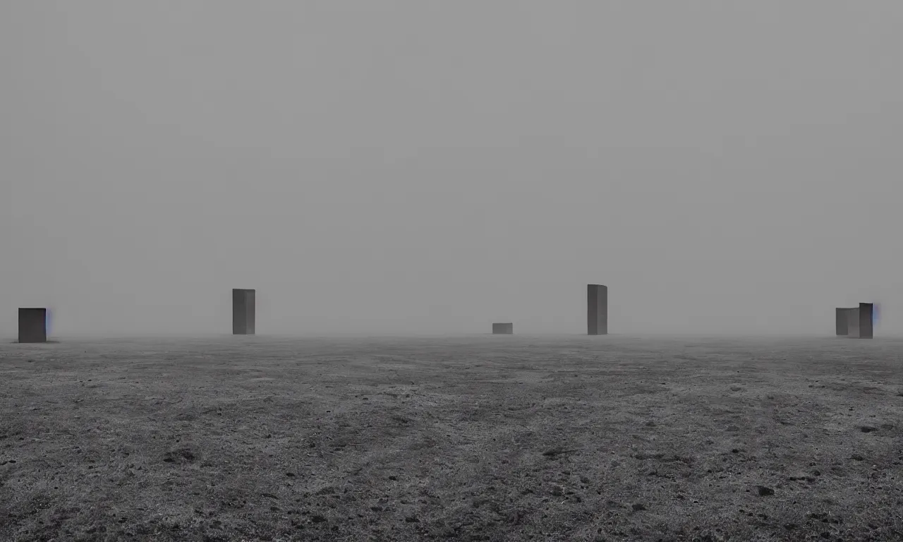 Prompt: high - resolution black - and - white photograph with a 3 5 mm f / 2 2 lens of brutalist architectural buildings in turkmenistan in the middle of nowhere with fog.