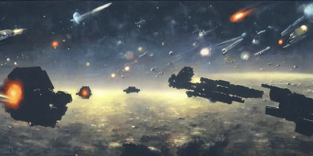 Image similar to a painting of low earth orbit space city under war by john harris.