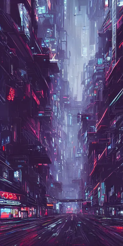 Prompt: the street between artificial megastructures, living spaces, dystopian cyberspace, landscape, concept art, brutalism, neon lights, colorful, cyberpunk, market, matte painting, in the style of BLAME!, wide angle,