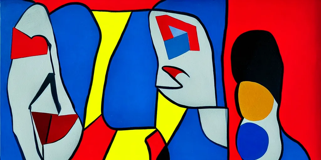 Image similar to a man being overcome by love, blue red black yellow, detailed painting by painting by man ray and pablo amaringo