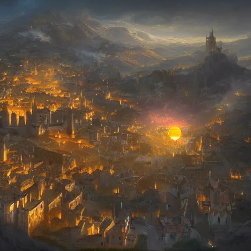 Prompt: aerial view of a medieval town situated below a glowing orb hanging in the sky. by alan lee by peter mohrbacher, trending on artstation sharp focus vfx key shot